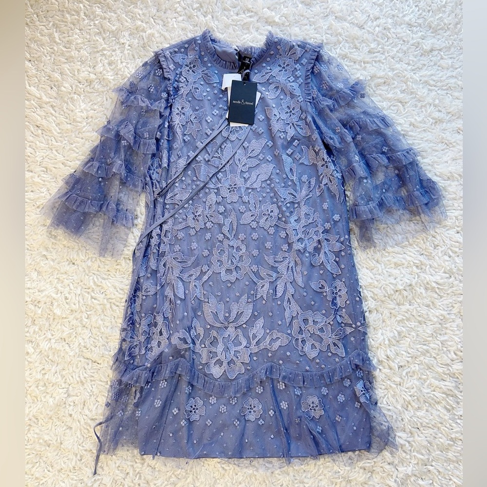 NWT $595  Needle & Thread Embroidered Floral Lace Print Long Sleeve Dress